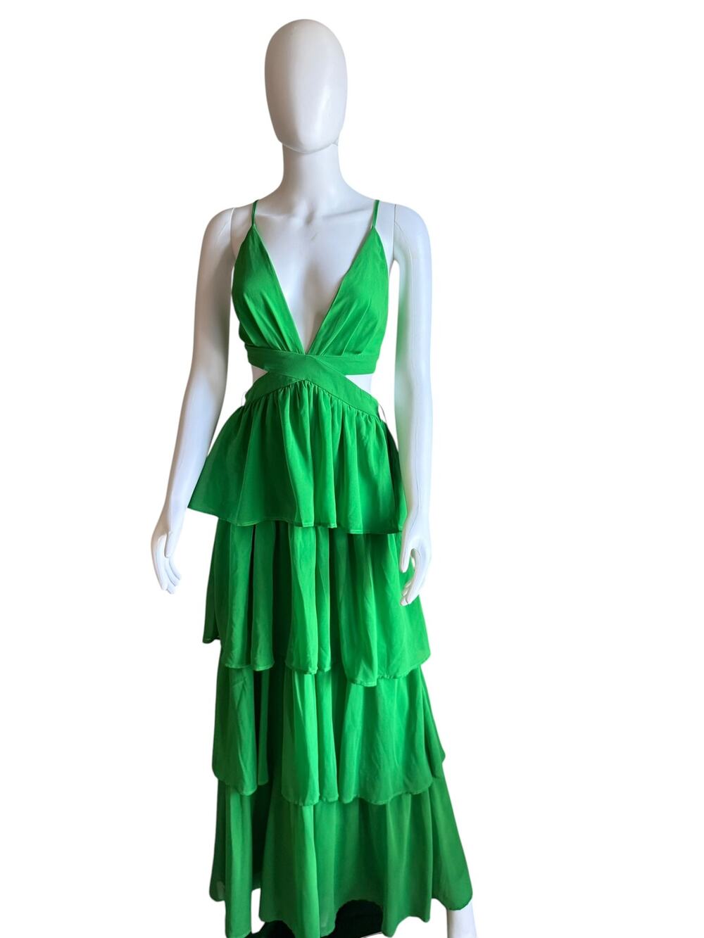 Green Tiered Ruffle Open Back Maxi Dress